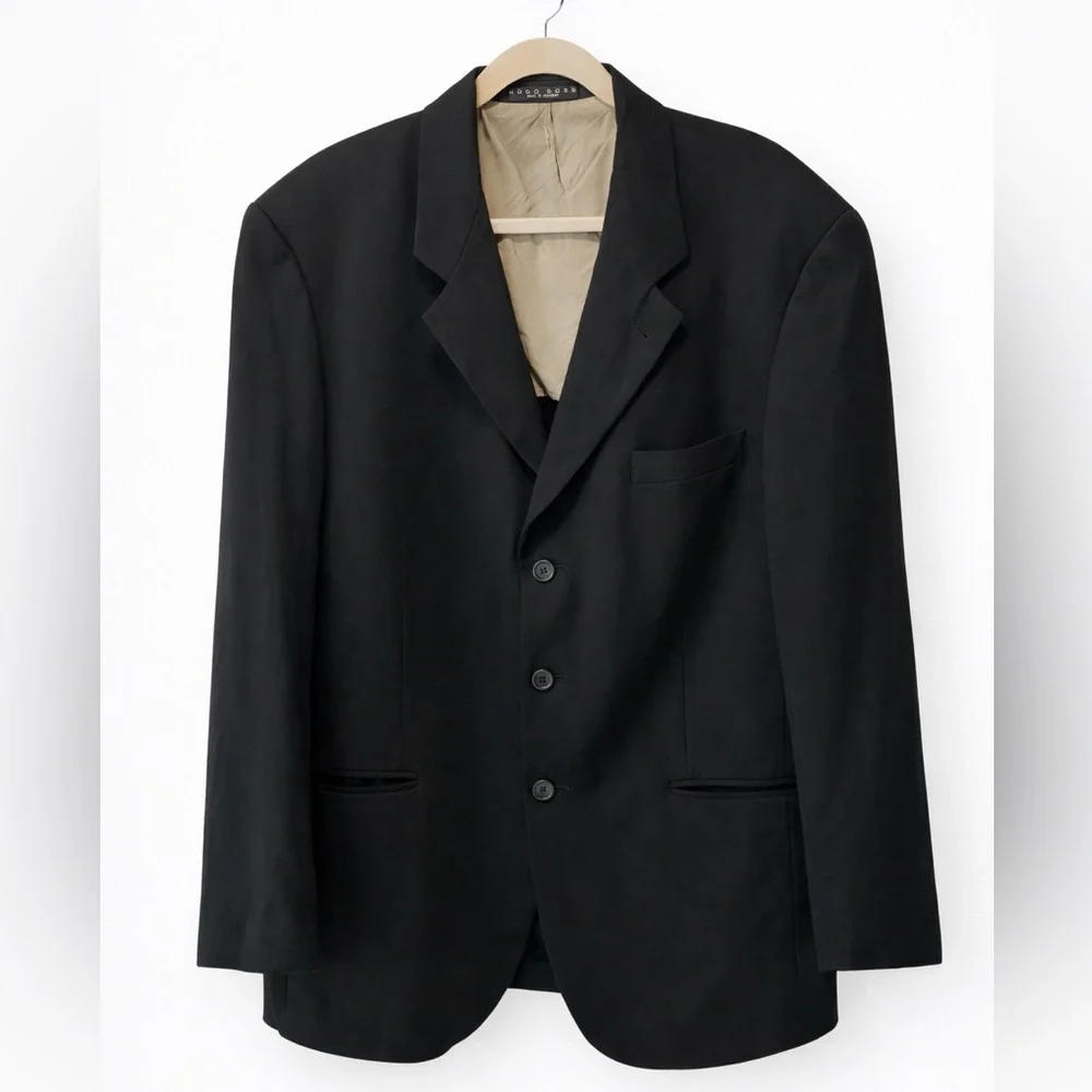 Hugo Boss Mens Blazer 44R 100% Wool Black Sport Coat Jacket Three Button VTG